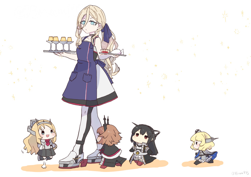 5girls absurdres apron bar blonde_hair blue_apron blue_eyes colorado_(kancolle) commentary_request dress food full_body hair_between_eyes highres kantai_collection long_hair mole mole_under_eye mole_under_mouth multiple_girls mutsu_(kancolle) nagato_(kancolle) nami_nami_(belphegor-5812) nelson_(kancolle) parody puchimasu! pudding richelieu_(kancolle) simple_background strapless strapless_dress style_parody thigh-highs two-tone_dress two-tone_legwear white_background