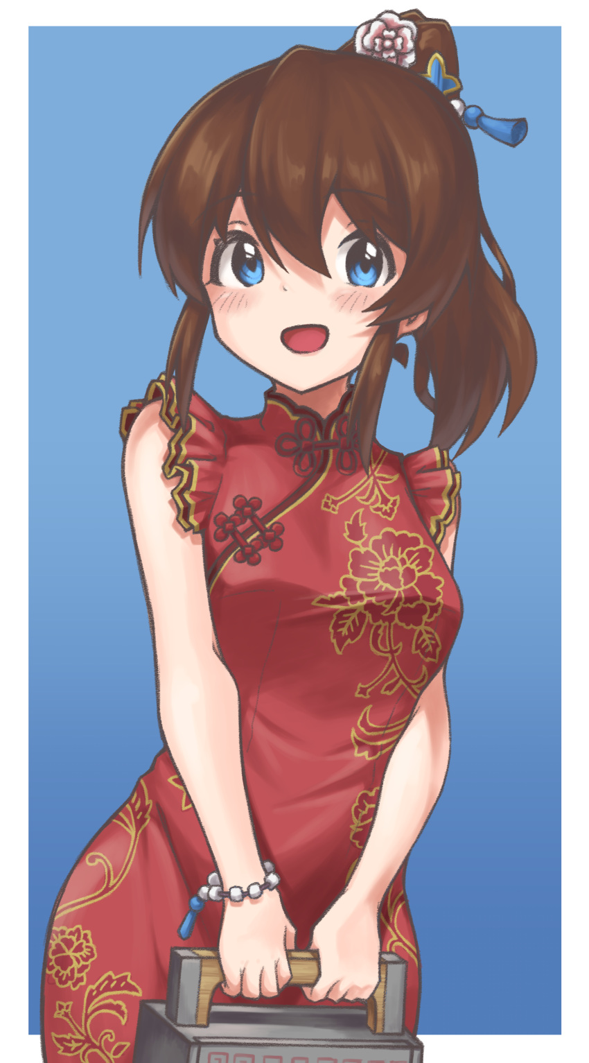 1girl absurdres blue_background blue_eyes breasts brown_hair china_dress chinese_clothes cowboy_shot dress floral_print highres holding idolmaster idolmaster_million_live! idolmaster_million_live!_theater_days long_hair medium_breasts ponytail red_dress satake_minako semi_colon simple_background solo