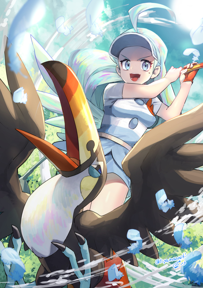 1girl ahoge artist_name breasts commentary_request elite_four feathers from_below gen_7_pokemon gloves golf_club grey_eyes hands_up highres holding_golf_club kahili_(pokemon) light_blue_hair long_hair mole mole_under_eye open_mouth orange_legwear pokemon pokemon_(creature) pokemon_(game) pokemon_sm shirt short_sleeves single_glove striped striped_shirt teeth tongue toucannon visor_cap yamanashi_taiki