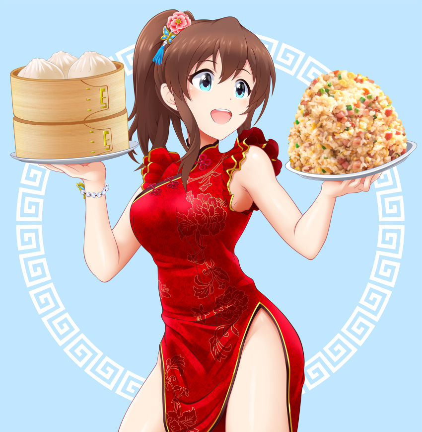 1girl baozi blue_background blue_eyes breasts brown_hair china_dress chinese_clothes commentary_request cowboy_shot dress eva_16-gouki floral_print flower food fried_rice hair_flower hair_ornament highres idolmaster idolmaster_million_live! idolmaster_million_live!_theater_days long_hair medium_breasts open_mouth pelvic_curtain ponytail red_dress satake_minako smile solo