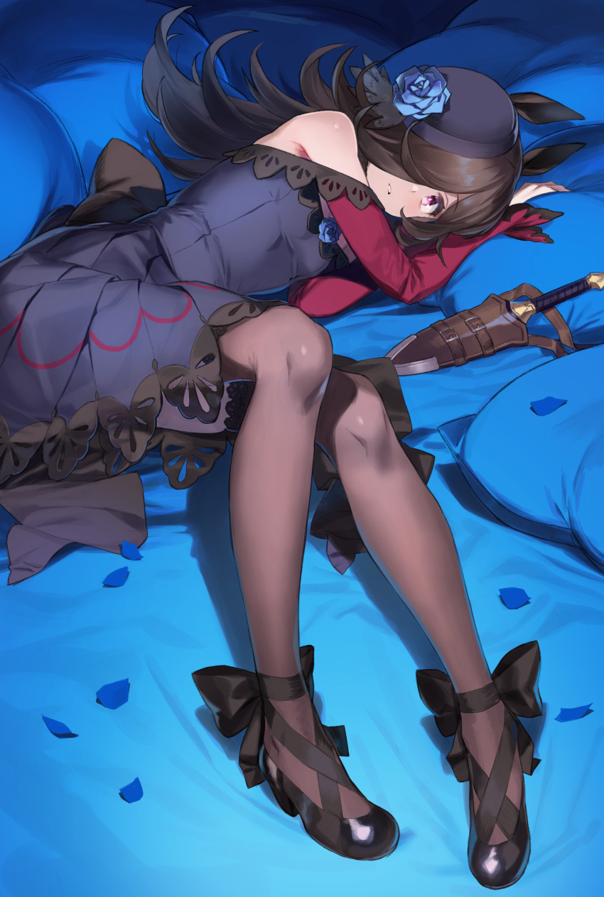 1girl 92m absurdres animal_ears black_footwear black_hair black_legwear dagger flower hair_flower hair_ornament hair_over_one_eye highres horse_ears long_hair lying on_side open_mouth rice_shower_(umamusume) shoes thigh-highs umamusume weapon yellow_eyes
