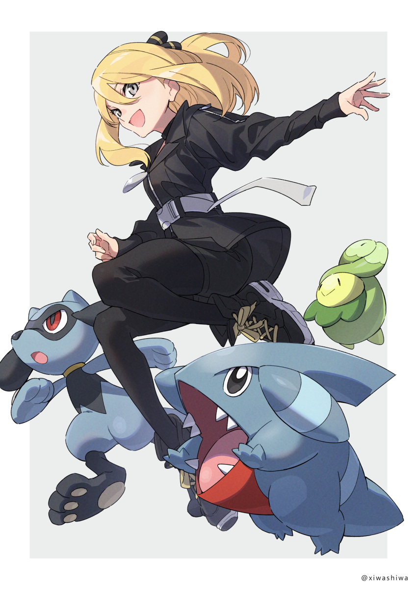 1girl :d alternate_costume black_jacket black_legwear black_shorts blonde_hair border breasts budew casual cynthia_(pokemon) gen_4_pokemon gible grey_background grey_eyes highres jacket long_hair open_mouth pokemon pokemon_(creature) pokemon_(game) pokemon_dppt riolu shoes shorts small_breasts smile sneakers teenage twitter_username white_border xia_(ryugo) younger zipper