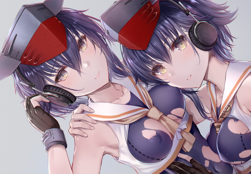 2girls asymmetrical_hair bare_shoulders black_gloves black_hair blush breasts brown_eyes collarbone commentary_request covered_nipples crop_top framed_breasts gloves hair_between_eyes hat headgear headphones headset highres i-13_(kancolle) i-14_(kancolle) interstellar kantai_collection looking_at_viewer multiple_girls partially_fingerless_gloves sailor_collar school_swimsuit shirt short_hair siblings single_glove sisters swimsuit torn_clothes torn_swimsuit tsurime