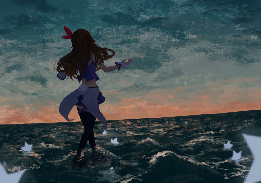 1girl 3syo blue_skirt blue_vest brown_hair commentary_request evening from_behind hair_ornament highres hololive horizon long_hair midriff ocean skirt sky solo standing standing_on_liquid thigh-highs tokino_sora vest virtual_youtuber water