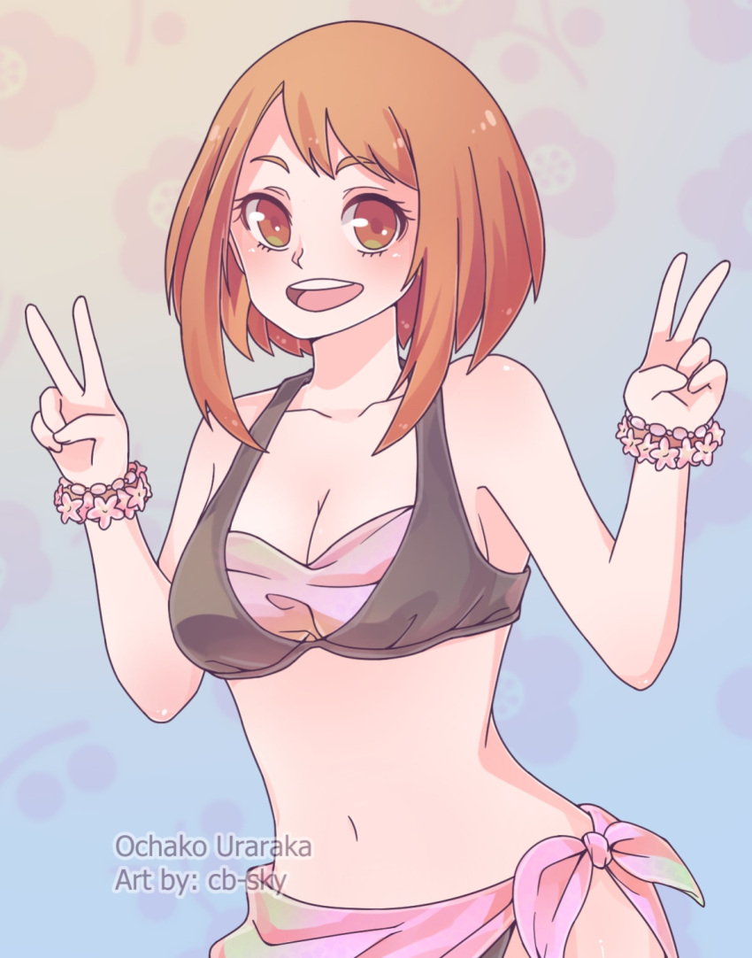 bikini bikini_top black_bikini boku_no_hero_academia bra bracelet brown_hair midriff navel pareo pink_sarong sarong short_hair summer swimsuit uraraka_ochako