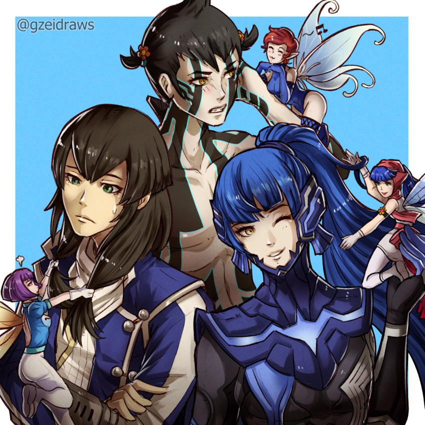 androgynous armor bangs bare_shoulders black_hair blue_eyes blush bowl_cut brown_hair crossover curly_hair elbow_gloves eyelashes fairy fairy_wings flynn_(smt4) full-body_tattoo gloves gzei hat highres hitoshura leotard long_hair male_focus minigirl multiple_boys multiple_girls pixie_(megami_tensei) pointy_ears ponytail protagonist_(smtv) purple_hair red_eyes shin_megami_tensei shin_megami_tensei_iii:_nocturne shin_megami_tensei_iv shin_megami_tensei_v short_hair simple_background smile tattoo thigh-highs topless_male twintails very_long_hair wings yellow_eyes