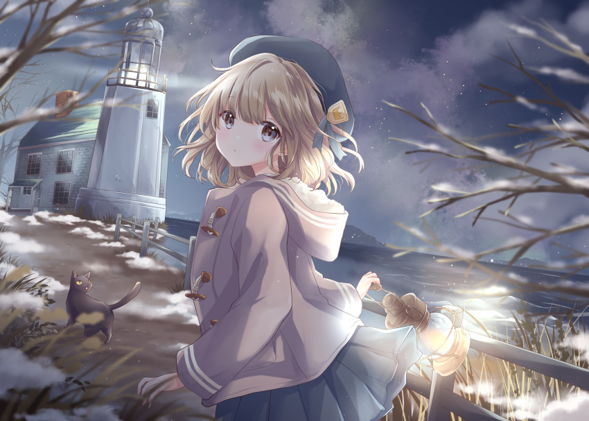 1girl bare_tree beret blue_eyes blue_headwear blue_skirt cat clouds dutch_angle expressionless fence from_side hat highres holding holding_lantern hood hood_down hooded_coat hoshiibara_mato lantern light_brown_hair lighthouse looking_at_viewer looking_back mountain night ocean original outdoors pink_coat pleated_skirt short_hair skirt sky snow solo star_(sky) starry_sky tree tree_branch wind wind_lift wooden_fence