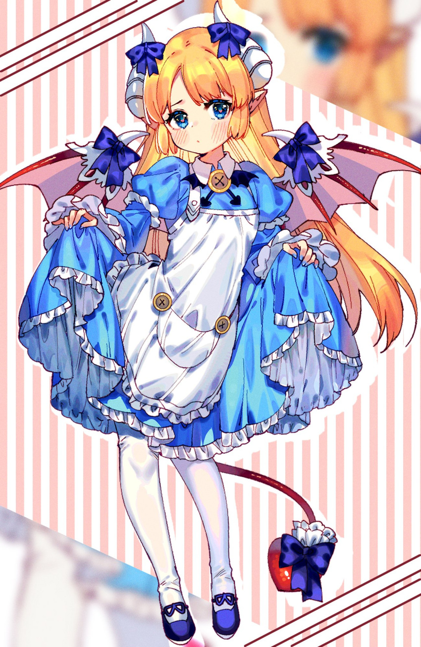 1girl alice_(monster_girl_encyclopedia) apron blonde_hair blue_dress blue_eyes blush bow buttons demon_girl demon_tail demon_wings dot_mouth dress dress_lift full_body heart heart-shaped_pupils highres horn_bow horn_ornament horns lifted_by_self long_hair looking_at_viewer monster_girl_encyclopedia pointy_ears rnskkn solo symbol-shaped_pupils tail tail_bow tail_ornament white_apron white_legwear wing_bow wing_collar wing_ornament wings