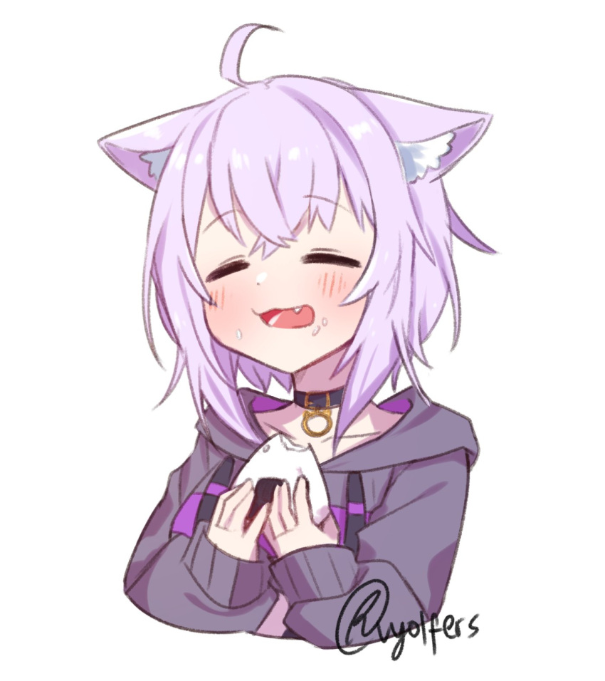 1girl animal_ear_fluff animal_ears artist_name bangs black_collar black_hoodie blush cat_ears cat_girl closed_eyes collar collarbone cowlick eyebrows_visible_through_hair fang food hair_between_eyes highres holding holding_food hololive hood hoodie nekomata_okayu onigiri open_mouth purple_hair solo upper_body virtual_youtuber vyolfers white_background