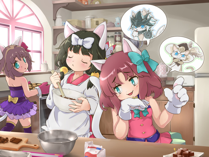 3girls animal_ears aqua_bow aqua_eyes bangs black_hair bow bowl brown_hair cat_ears cat_girl cat_tail chocolate chocolate_making closed_eyes cutting_board d'artanyan_(nyanko_daisensou) dress eyebrows_visible_through_hair gao_(nyanko_daisensou) gloves hair_bow highres holding holding_bowl indoors japanese_clothes kappougi kimono looking_at_viewer looking_back mitama_(nyanko_daisensou) mixing mixing_bowl moneko_(nyanko_daisensou) multiple_girls neneko_(nyanko_daisensou) nyanko_daisensou open_mouth paw_gloves paws pink_dress pink_gloves purple_dress purple_legwear red_bow sakuragi_yuuki short_hair smile spatula speech_bubble strapless strapless_dress tail thick_eyebrows thigh-highs white_bow white_gloves