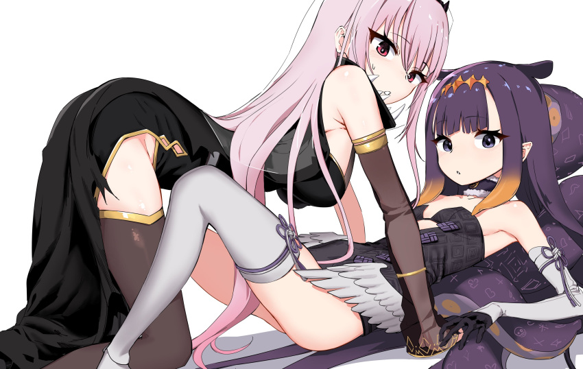2girls :o ass bangs bent_over black_eyes black_gloves breasts detached_sleeves eyebrows_visible_through_hair flat_chest fur_choker gloves hair_behind_ear highres holding_hands hololive hololive_english kinbakuman large_breasts long_hair looking_at_viewer mori_calliope multiple_girls ninomae_ina'nis pointy_ears red_eyes sideboob single_detached_sleeve single_thighhigh surprised tentacles thigh-highs virtual_youtuber yuri