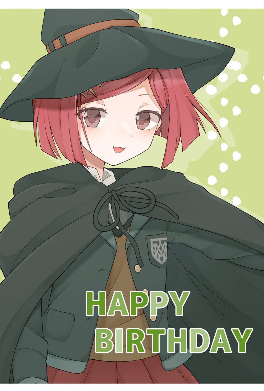 1girl :3 absurdres bangs black_cape black_headwear blush cape commentary_request eyebrows_visible_through_hair green_background hair_ornament hairclip happy_birthday hat highres jacket letterboxed long_hair long_sleeves looking_at_viewer open_mouth pleated_skirt raimone_(nekokirinv3) red_eyes red_skirt redhead short_hair skirt smile solo upper_body witch_hat yumeno_himiko