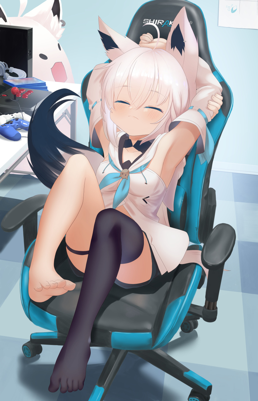 1girl absurdres ahoge animal_ears armpits arms_behind_head bangs black_legwear black_shorts blue_neckwear braid breasts chair closed_eyes collarbone commentary_request controller detached_sleeves earrings eyebrows_visible_through_hair fox_ears fox_girl fox_tail fubuzilla_(shirakami_fubuki) game_controller gaming_chair hair_between_eyes headphones highres hololive hood hoodie indoors jewelry knees_up neckerchief nekuro_(tamakooji) playstation_controller shirakami_fubuki short_shorts shorts sidelocks single_braid single_thighhigh sitting small_breasts solo table tail thigh-highs thigh_strap virtual_youtuber white_hair white_hoodie