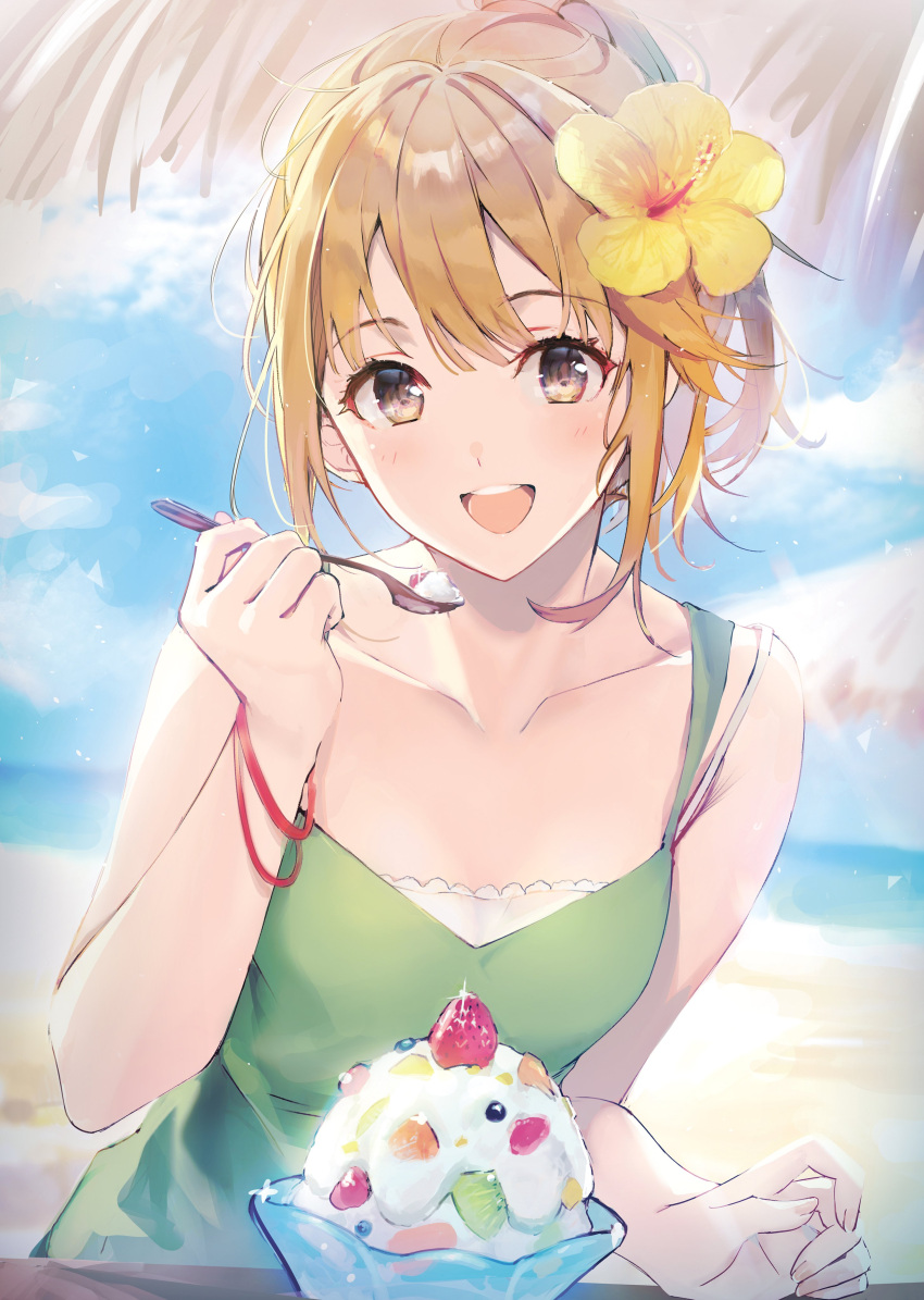 1girl :d absurdres aomi_haru bangs bare_arms bare_shoulders beach blonde_hair blue_sky blush bracelet breasts brown_eyes chitose-kun_wa_ramune_bin_no_naka clouds collarbone day eyebrows flower food hair_flower hair_ornament hand_up highres holding holding_spoon jewelry long_hair looking_at_viewer official_art open_mouth ponytail round_teeth second-party_source sidelocks sky small_breasts smile solo spoon teeth textless tongue upper_teeth weee_(raemz)