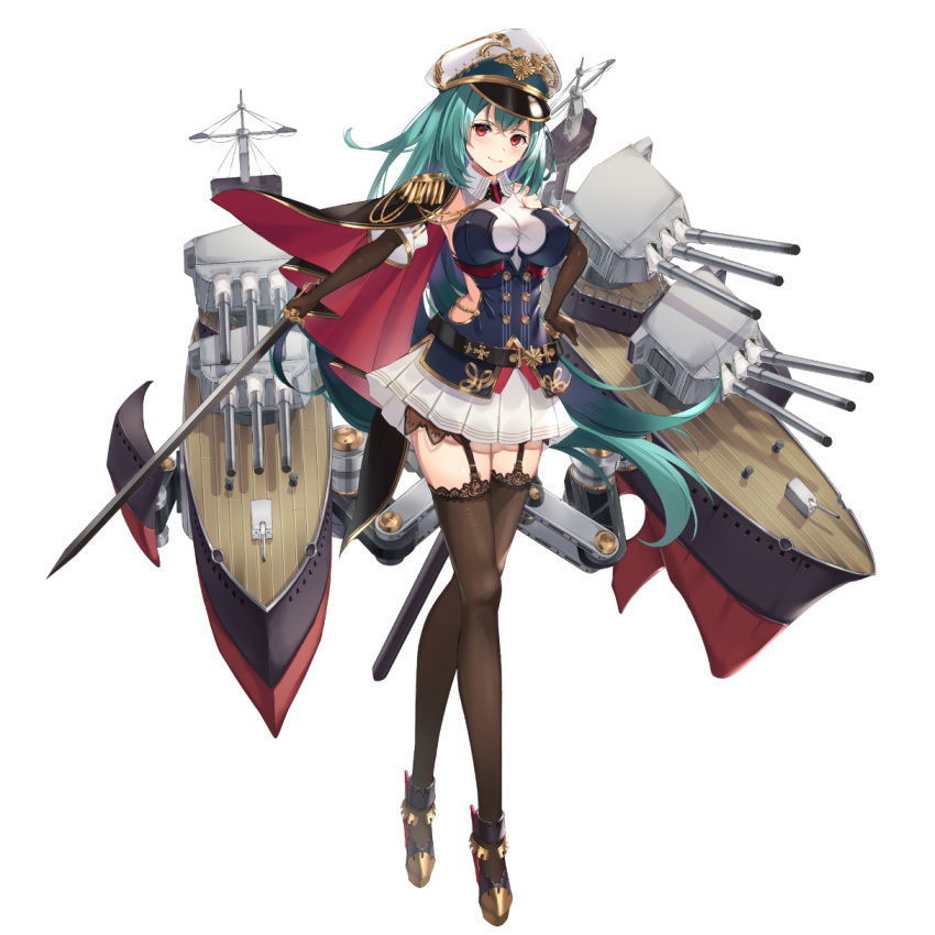1girl alternate_uniform aqua_hair astoria_(blue_oath) belt black_gloves black_legwear blue_oath blush breasts closed_mouth elbow_gloves eyebrows_visible_through_hair garter_straps gloves hand_on_hip hat highres holding holding_sword holding_weapon large_breasts long_hair looking_at_viewer military_hat red_eyes sg_(satoumogumogu) shoes skirt smile solo sword thigh-highs weapon white_background white_skirt