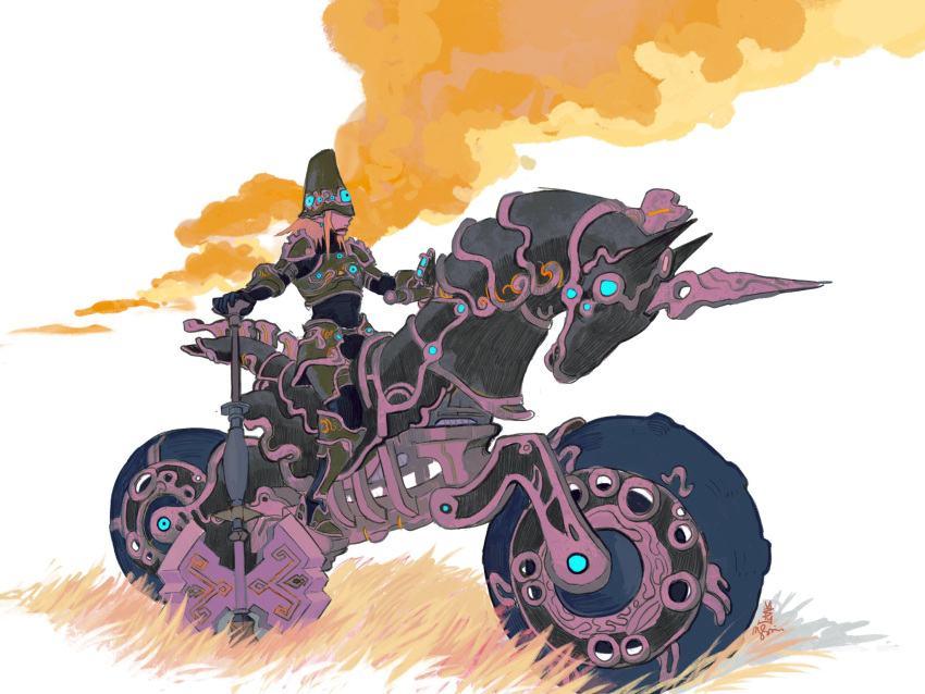 1boy alternate_costume ancient_set_(zelda) armor axe blonde_hair clouds grass ground_vehicle helmet highres link mai_(marmastry) master_cycle motor_vehicle motorcycle off_shoulder planted_axe planted_weapon riding solo the_legend_of_zelda the_legend_of_zelda:_breath_of_the_wild weapon