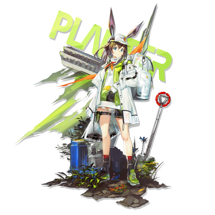 1girl amiya_(arknights) animal_ears arknights bangs baseball_cap blue_eyes brown_hair costume_request ears_through_headwear full_body green_footwear hat highres jacket long_hair long_sleeves looking_at_viewer official_alternate_costume official_art rabbit_ears shoes smile sneakers solo standing thigh_strap transparent_background white_headwear white_jacket yui_(niikyouzou)