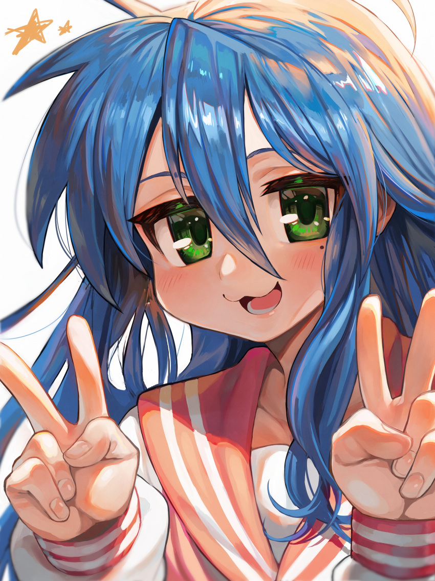 1girl :3 absurdres ahoge bangs blue_hair double_v fingernails green_eyes highres izumi_konata long_hair long_sleeves lucky_star milmir mole mole_under_eye open_mouth red_sailor_collar sailor_collar school_uniform serafuku solo star_(symbol) upper_body v