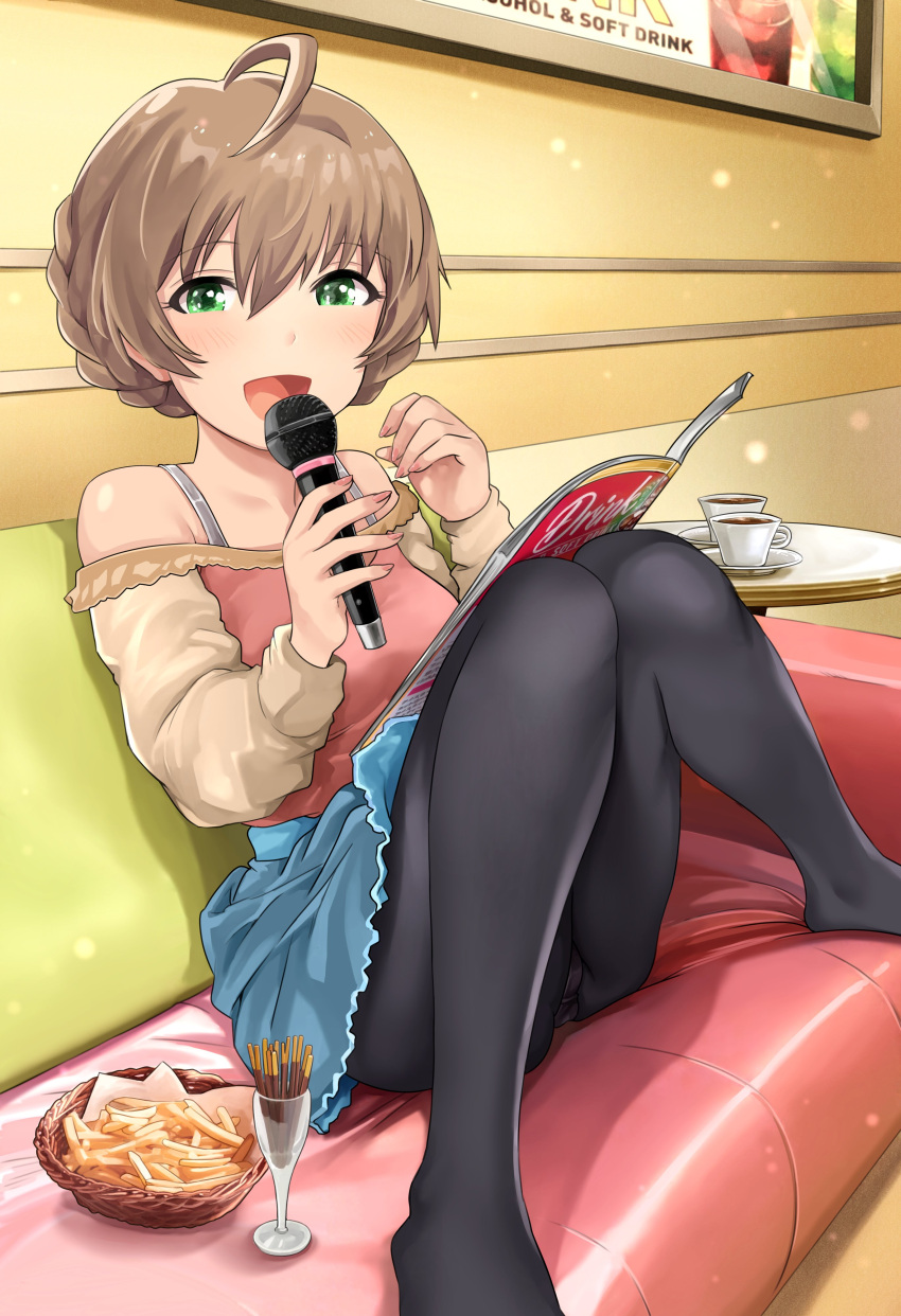 1girl :d absurdres bangs bare_shoulders black_legwear blue_skirt blush braid braided_bun breasts brown_hair collarbone couch cowlick cup dust_particles english_text eyebrows_visible_through_hair folded food french_fries green_eyes hair_between_eyes hanamasa_ono highres holding holding_microphone idolmaster idolmaster_million_live! indoors long_sleeves looking_at_viewer magazine medium_breasts microphone off-shoulder_shirt off_shoulder on_couch open_mouth panties panties_under_pantyhose pantyhose pantyshot picture_frame pocky sakuramori_kaori shirt short_hair sitting skirt smile solo table teacup two-tone_shirt underwear