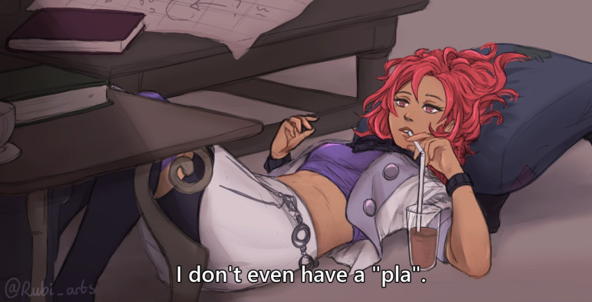 1girl artist_name black_footwear book boots breasts crop_top cup drinking_glass drinking_straw fire_emblem fire_emblem:_three_houses garreg_mach_monastery_uniform hapi_(fire_emblem) jacket long_hair lying midriff miniskirt on_back open_clothes open_jacket parted_lips purple_shirt redhead rubi_arts shirt skirt skirt_set small_breasts solo stomach table twitter_username violet_eyes white_jacket white_skirt wrist_cuffs