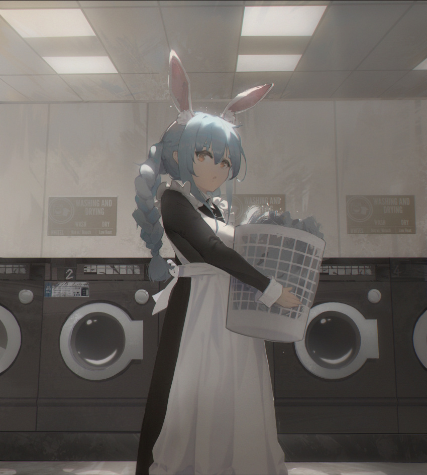 1girl :o animal_ears apron bangs basket black_dress braid breasts ceiling_light dress dust_particles english_text frilled_apron frills hair_between_eyes highres holding holding_basket hololive indoors laundromat laundry laundry_basket long_sleeves looking_at_viewer maid multicolored_hair open_mouth orange_eyes pipilili rabbit_ears sidelocks small_breasts solo thick_eyebrows twin_braids twintails two-tone_hair usada_pekora virtual_youtuber washing_machine