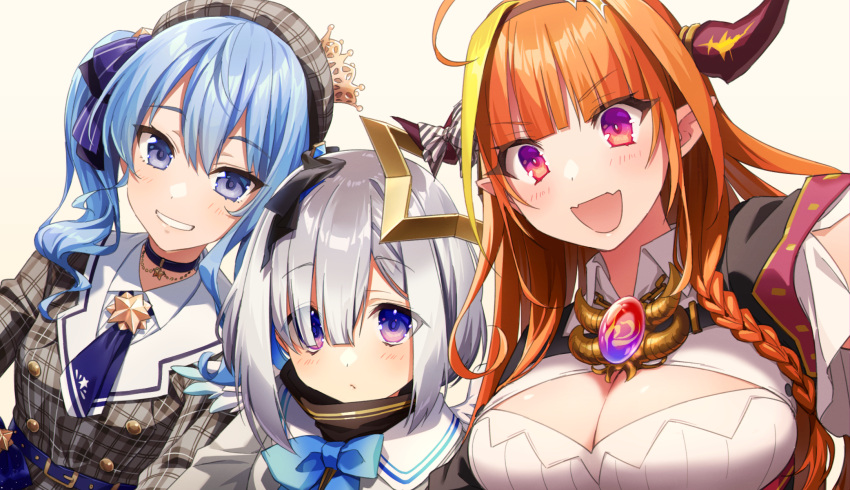 3girls akabino amane_kanata beret blue_hair blush crown doukyo's dragon_horns hat highres hololive horns hoshimachi_suisei kiryu_coco looking_at_viewer mini_crown multiple_girls orange_hair selfie silver_hair upper_body virtual_youtuber