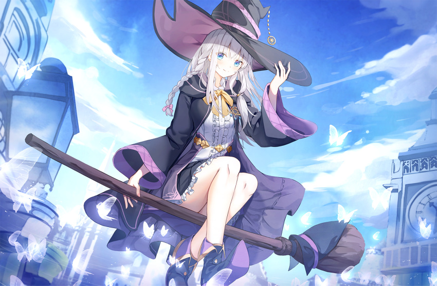 1girl bangs black_headwear black_robe blue_eyes braid broom broom_riding bug building butterfly clock clock_tower elaina_(majo_no_tabitabi) hair_between_eyes hand_on_headwear hat hat_ornament hat_ribbon insect long_hair long_sleeves majo_no_tabitabi open_clothes open_robe pointy_footwear ribbon robe seero shirt silver_hair single_braid skirt sky smile solo tower white_shirt witch witch_hat yellow_neckwear