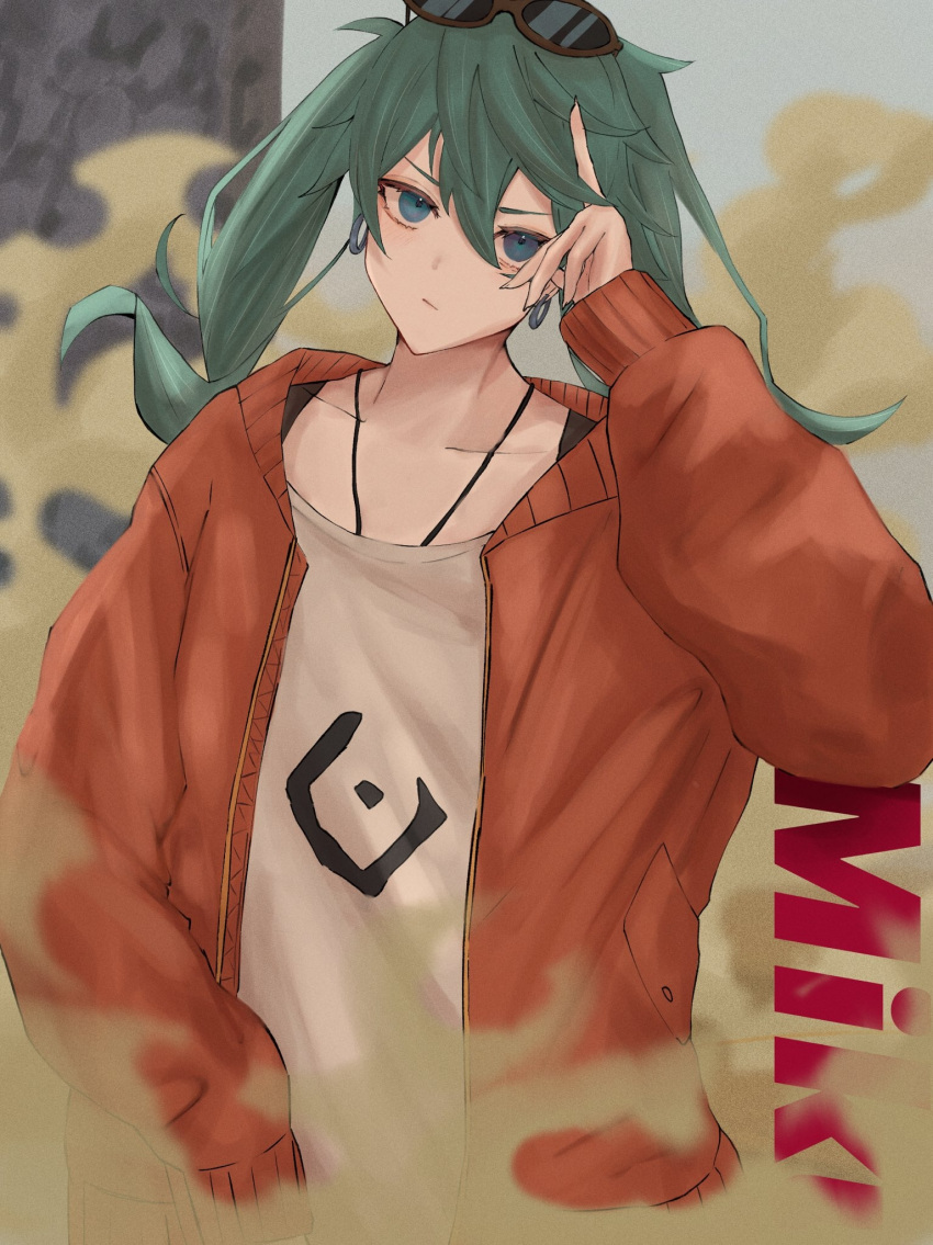 1girl aqua_eyes aqua_hair bangs character_name closed_mouth collarbone earrings expressionless eyewear_on_head fingernails hair_between_eyes hatsune_miku highres jacket jewelry long_fingernails long_hair long_sleeves looking_at_viewer mourai necklace open_clothes open_jacket red_jacket shirt sleeves_past_wrists solo suna_no_wakusei_(vocaloid) sunglasses twintails upper_body vocaloid