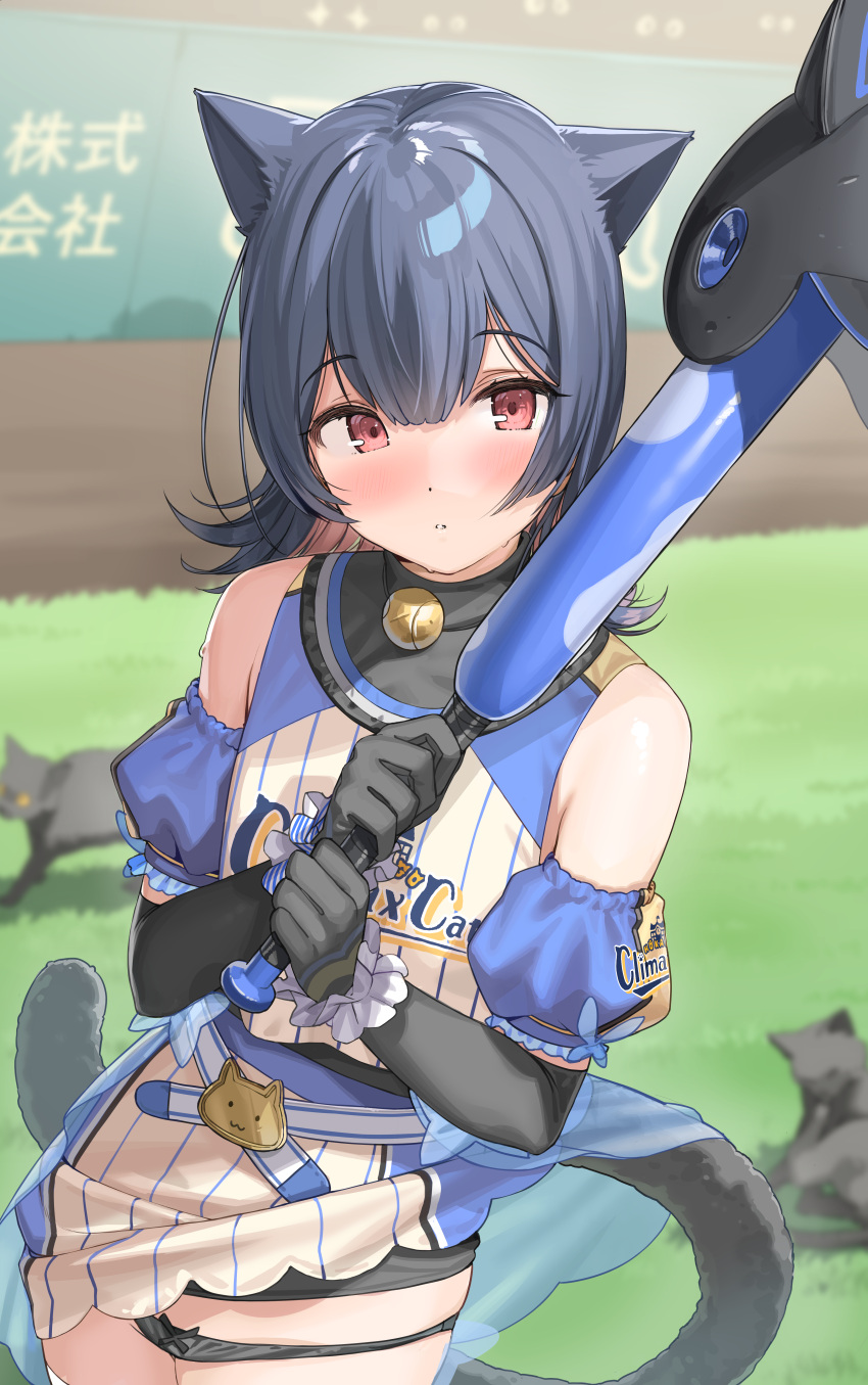 1girl absurdres animal_ears bangs bare_shoulders baseball_bat baseball_helmet baseball_uniform black_gloves black_panties blue_hair blush breasts cat_ears cat_tail elbow_gloves gloves helmet highres huge_filesize idolmaster idolmaster_shiny_colors kanzarin_(hoochikiss) kemonomimi_mode looking_at_viewer morino_rinze panties red_eyes short_hair small_breasts sportswear tail underwear