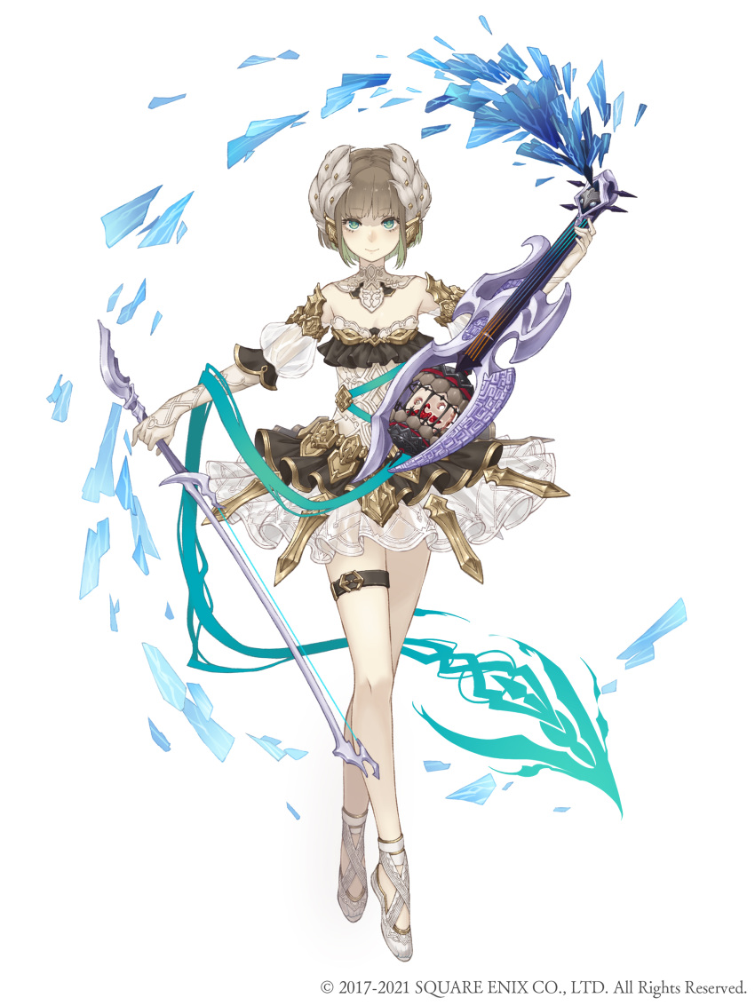 1boy absurdres aqua_eyes aqua_hair ballet ballet_slippers birdcage bow_(instrument) brown_hair cage colored_inner_hair crossdressinging crossed_legs detached_sleeves dress eyebrows_visible_through_hair full_body gretel_(sinoalice) hansel_(sinoalice) highres holding holding_instrument instrument ji_no looking_at_viewer multicolored_hair official_art otoko_no_ko see-through sinoalice smile solo square_enix thigh_strap tiptoes violin watson_cross white_background