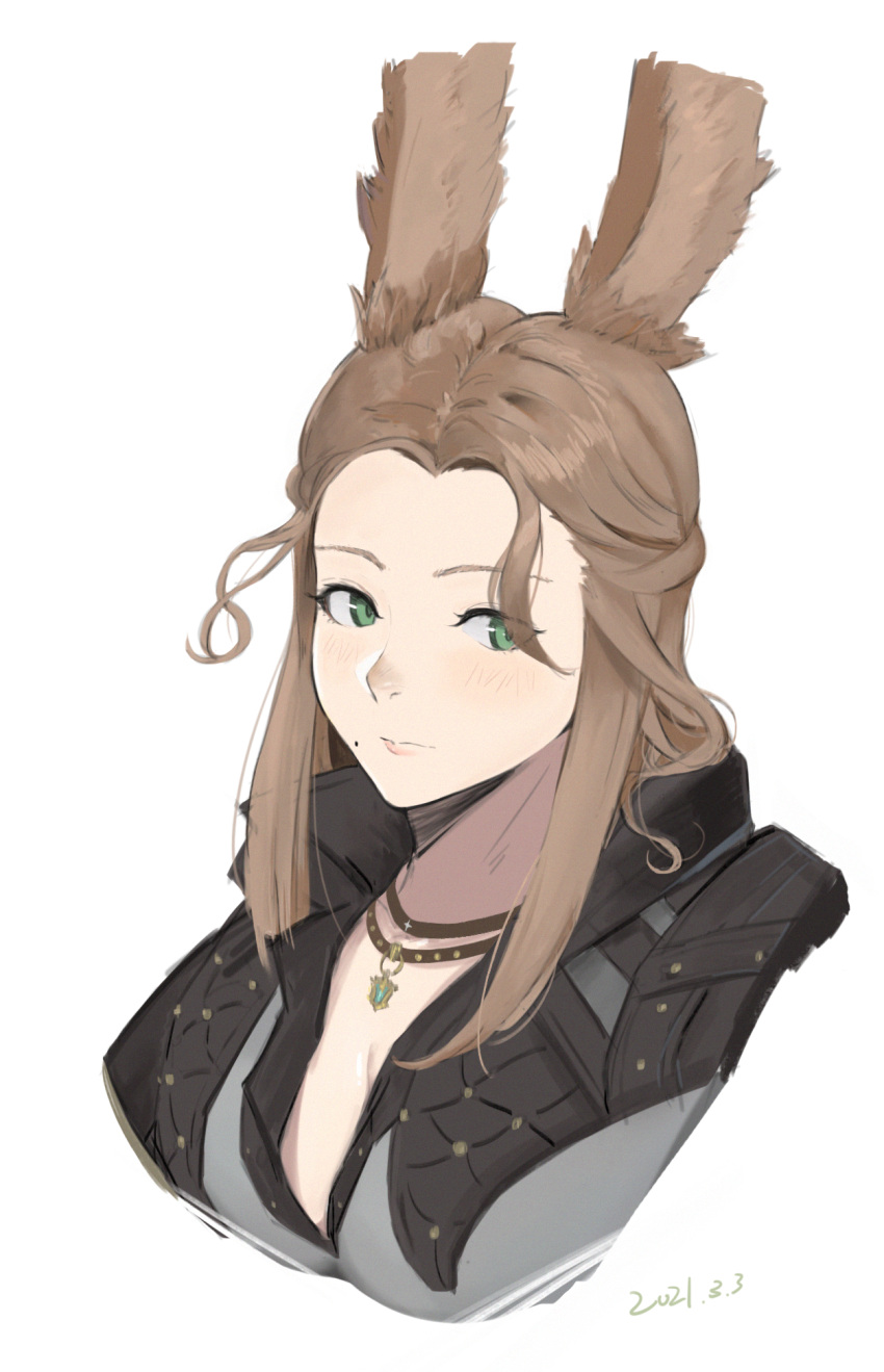 1girl animal_ears blush breasts brown_hair closed_mouth eyebrows_visible_through_hair final_fantasy final_fantasy_xiv green_eyes highres jacket jewelry la13 lips long_hair looking_at_viewer mole mole_under_mouth necklace out_of_frame solo_focus viera white_background