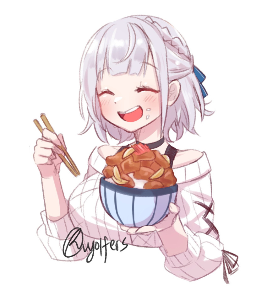 1girl artist_name bangs blush bowl braid breasts chopsticks crown_braid english_commentary eyebrows_visible_through_hair food food_on_face gyuudon hair_behind_ear highres holding holding_bowl holding_chopsticks hololive large_breasts open_mouth rice rice_on_face shirogane_noel short_hair silver_hair smile solo sweater upper_body virtual_youtuber vyolfers white_sweater