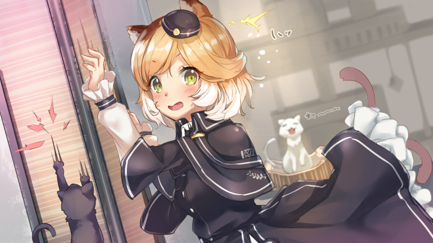 1girl animal_ears arknights blonde_hair blush buttons capelet cat cat_ears cat_girl commentary_request dress dress_shirt frilled_skirt frills green_eyes hat hellnyaa highres indoors long_sleeves looking_to_the_side mini_hat mousse_(arknights) multicolored_hair multiple_tails scratching scratching_post shirt skirt solo surprised tail thigh-highs translation_request two_tails