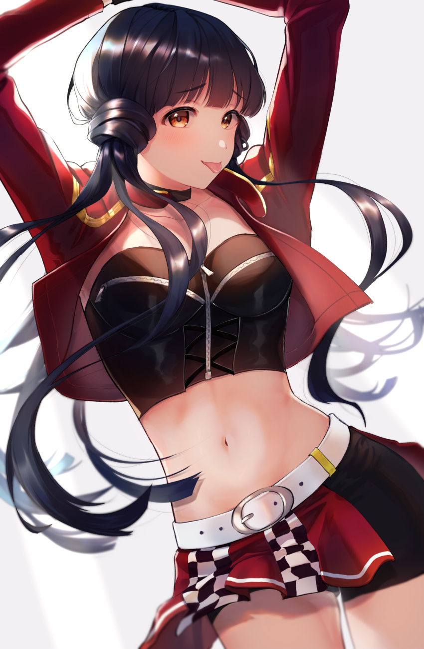 1girl :p arms_up ayamalimas bangs belt black_choker black_gloves black_shorts blue_hair blush breasts brown_eyes bustier checkered checkered_skirt choker crop_top cropped_jacket eyebrows_visible_through_hair gloves highres idolmaster idolmaster_million_live! idolmaster_million_live!_theater_days jacket kitakami_reika long_hair looking_at_viewer low_twintails medium_breasts midriff miniskirt navel open_clothes open_jacket pleated_skirt racequeen red_jacket red_skirt short_shorts shorts skirt smile solo tied_hair tongue tongue_out twintails white_belt zipper zipper_pull_tab