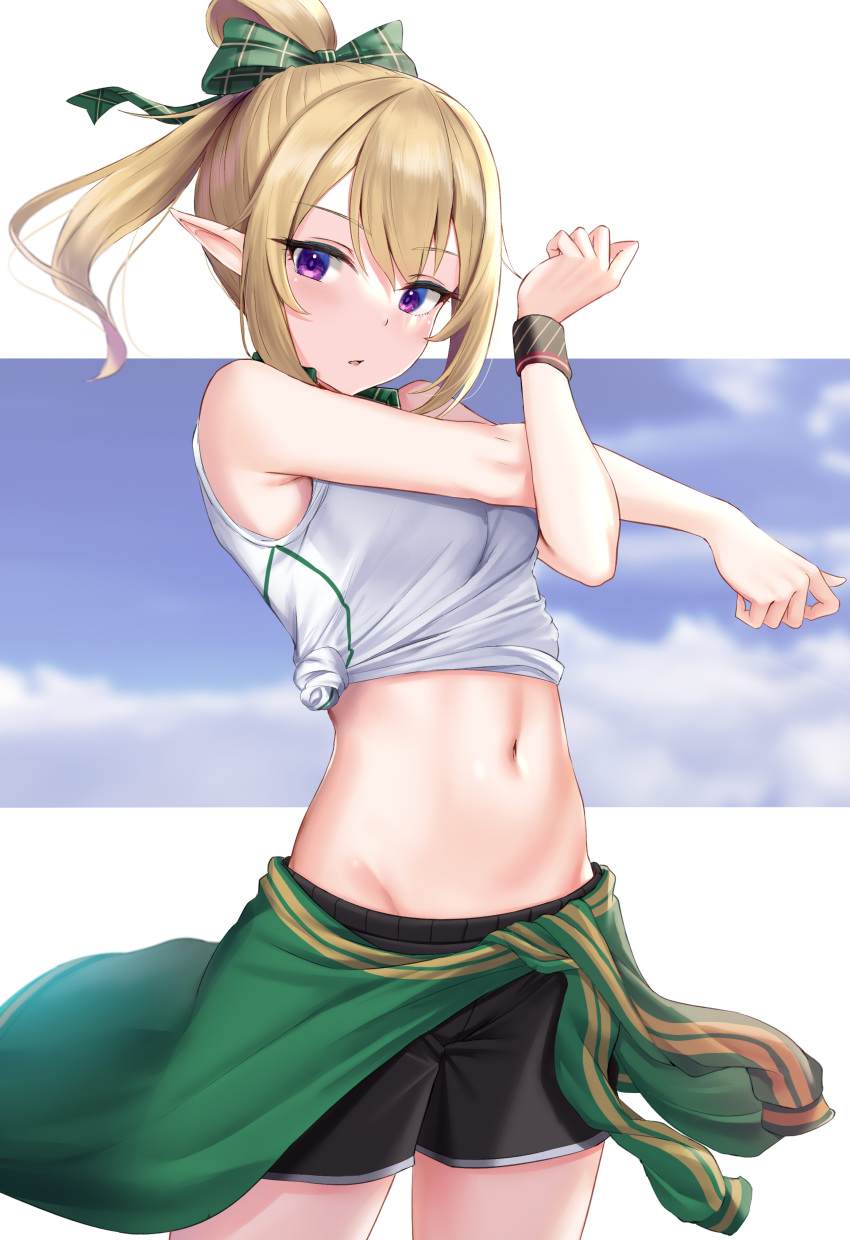 1girl absurdres bare_arms bare_shoulders black_shorts blonde_hair breasts chloe_(princess_connect!) clothes_around_waist cowboy_shot crop_top cross-body_stretch green_jacket groin highres jacket jacket_around_waist long_hair looking_at_viewer midriff navel parted_lips pointy_ears ponytail princess_connect! princess_connect!_re:dive rama_(yu-light8) shirt short_shorts shorts side-tie_shirt sidelocks sleeveless sleeveless_shirt small_breasts solo standing stomach sweatband violet_eyes white_shirt