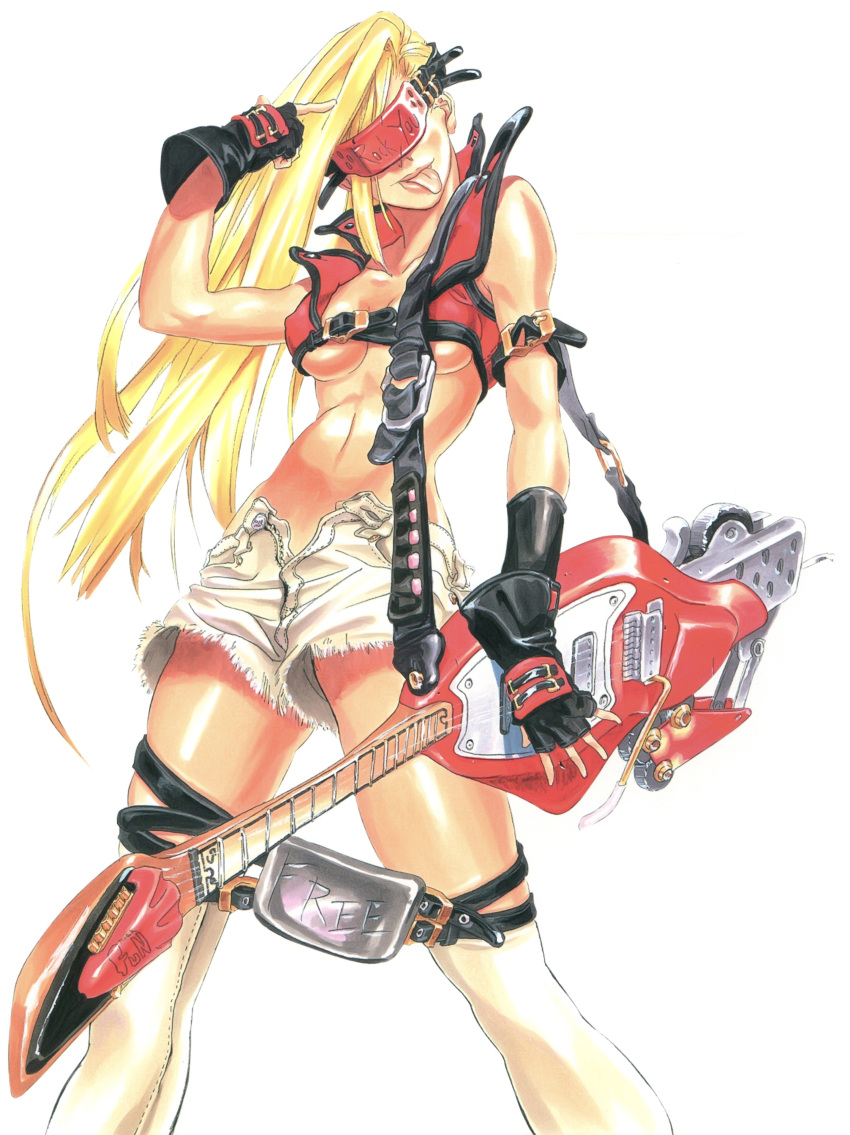 1girl :p absurdres bare_shoulders blonde_hair breasts cosplay covered_eyes cutoffs electric_guitar fingerless_gloves forehead_protector gloves guilty_gear guitar highres instrument ishiwatari_daisuke kneehighs lips long_hair marker_(medium) midriff millia_rage navel official_art open_fly scan shorts single_sleeve sol_badguy sol_badguy_(cosplay) solo tongue tongue_out traditional_media under_boob unzipped vest