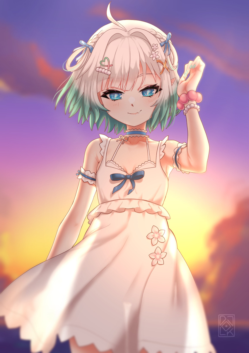 1girl absurdres ahoge arm_up armpits bead_bracelet beads blue_eyes blurry blurry_background blush bracelet breasts chest_ribbon commentary cowboy_shot day densetsu.exe djolk dress dress_flower flower gradient_hair green_hair green_nails hair_flower hair_ornament hair_ribbon hand_up highres jewelry looking_at_viewer mint_fantome mint_fantome_(summer) multicolored_hair no_bra outdoors petite purple_sky ribbon signature sky small_breasts smile solo standing sundress sunset virtual_youtuber white_hair