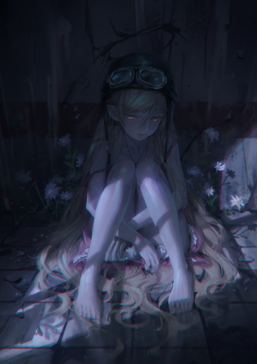 1girl absurdres bakemonogatari bare_shoulders barefoot blonde_hair blue_flower checkered_floor commentary_request dress flower goggles goggles_on_headwear helmet highres long_hair looking_at_viewer monogatari_(series) oshino_shinobu pointy_ears sitting suikagcy vampire very_long_hair yellow_eyes