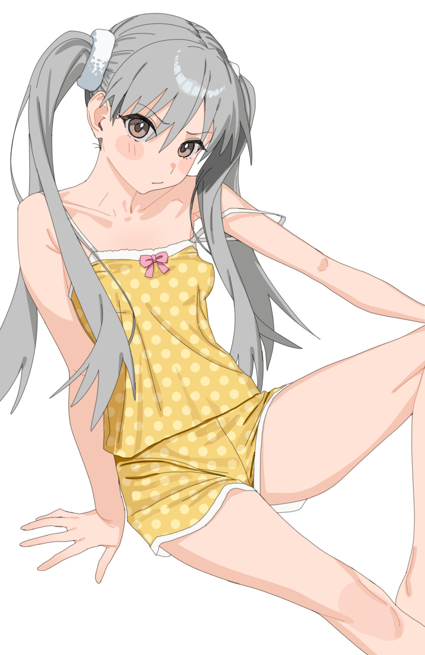 1girl :/ absurdres arm_support armpits bare_shoulders barefoot blush blush_stickers bow bow_camisole breasts brown_eyes camisole collarbone commentary feet_out_of_frame furrowed_brow grey_hair hair_between_eyes hair_over_shoulder hand_on_own_knee highres knee_up korean_commentary long_hair looking_at_viewer monogatari_(series) moobong no_bra oikura_sodachi owarimonogatari pajamas perky_breasts pink_bow polka_dot polka_dot_camisole polka_dot_pajamas polka_dot_shorts pout scrunchie short_shorts shorts simple_background sitting small_breasts solo spaghetti_strap strap_slip tsundere twintails white_background white_scrunchie white_trim yellow_camisole yellow_pajamas yellow_shorts