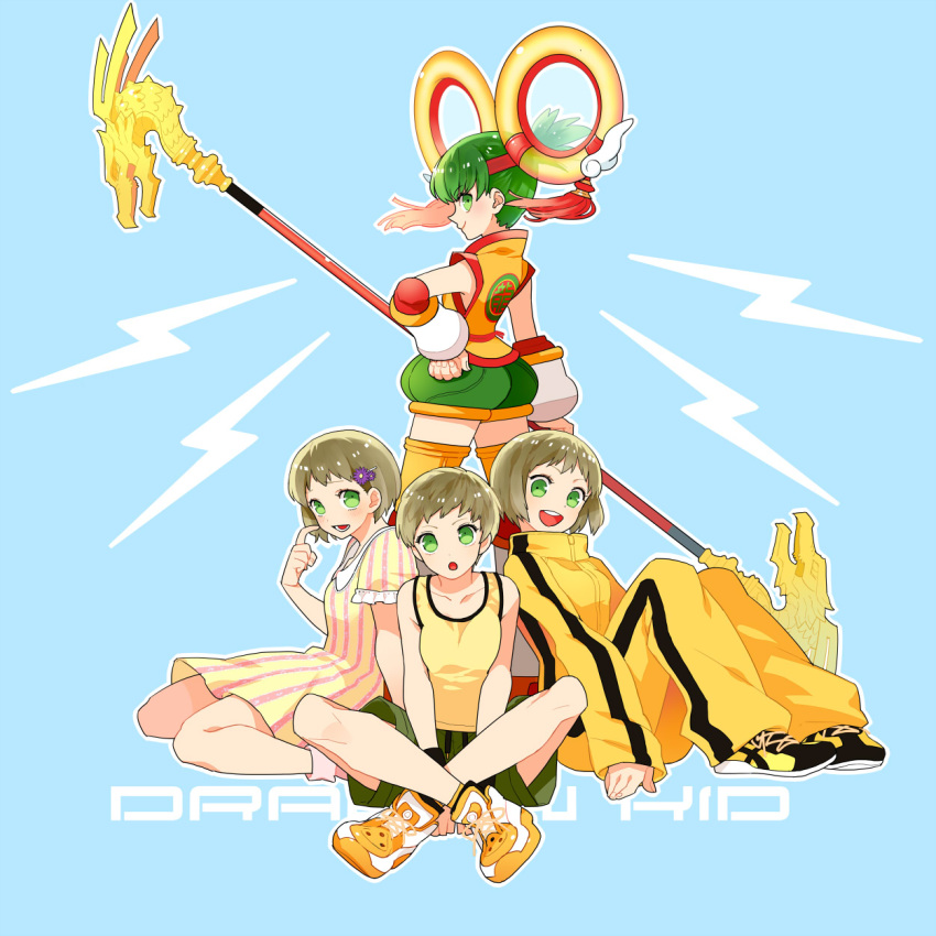 4girls blonde_hair bruce_lee's_jumpsuit chinese_clothes detached_sleeves dragon_kid dress green_eyes green_hair gum_(gmng) hat highres huang_baoling multiple_girls short_hair shorts superhero tank_top thigh-highs tiger_&amp;_bunny