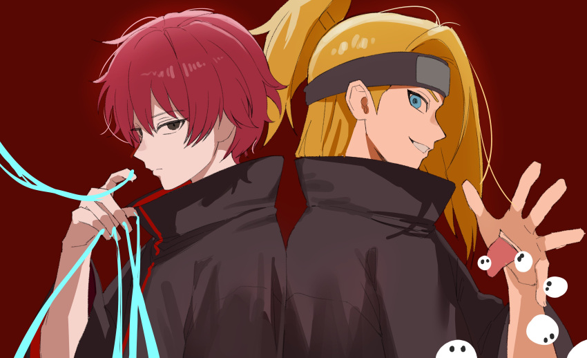 2boys absurdres akatsuki_uniform asymmetrical_bangs back-to-back black_eyeliner blonde_hair brown_eyes closed_mouth deidara_(naruto) deidaramom evil_grin evil_smile expressionless extra_mouth eyeliner forehead_protector grin high_ponytail highres long_hair makeup male_focus medium_hair multiple_boys naruto_(series) naruto_shippuuden open_mouth ponytail red_background red_hair robe sasori_(naruto) short_hair simple_background sketch smile string
