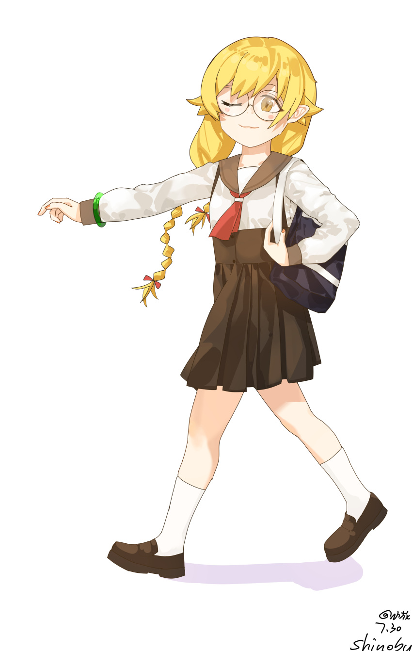 1girl absurdres bag blonde_hair brown_dress brown_shoes closed_mouth commentary_request dress ewg7k3eutb99502 glass highres long_sleeves monogatari_(series) naoetsu_high_school_uniform one_eye_closed oshino_shinobu pointy_ears school_uniform shirt shoes shoulder_bag simple_background smile socks twintails walking white_background white_shirt white_socks