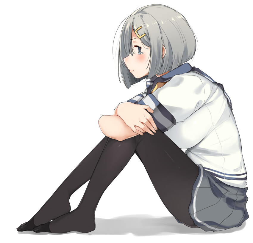 &gt;:t 1girl :t bangs black_legwear blush breasts closed_mouth from_side grey_hair grey_skirt hair_ornament hairclip hamakaze_(kantai_collection) highres kantai_collection kei_(soundcross) large_breasts leg_hug looking_at_viewer pantyhose pleated_skirt pout profile school_uniform serafuku short_hair simple_background sitting skirt solo tears white_background