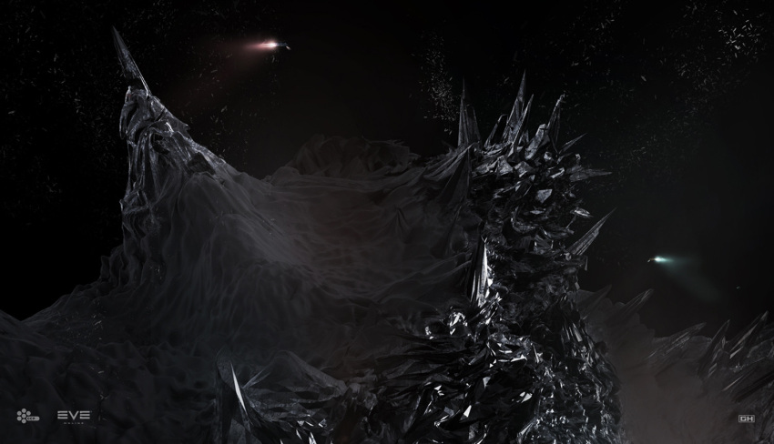 artist_logo asteroid black_background commentary company_logo company_name copyright_logo copyright_name crystal dark english_commentary eve_online floating floating_object georg_hilmarsson glowing keyshot_(medium) logo maya_(medium) official_art outdoors photoshop_(medium) realistic rock scenery science_fiction space spacecraft zbrush_(medium) zero_gravity