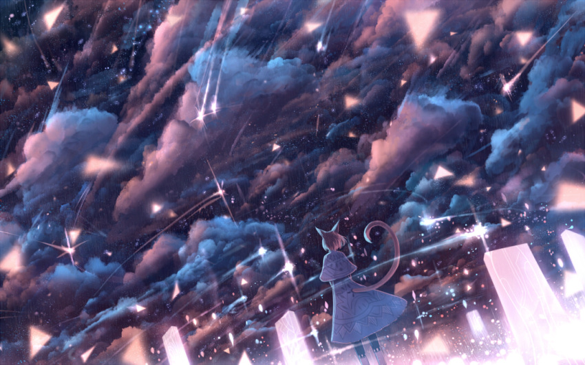 1girl animal_ears boots bou_nin capelet cat_ears cat_tail clouds cloudy_sky dress dutch_angle from_behind glowing night night_sky orange_hair original shooting_star short_hair sky solo standing star_(sky) tail