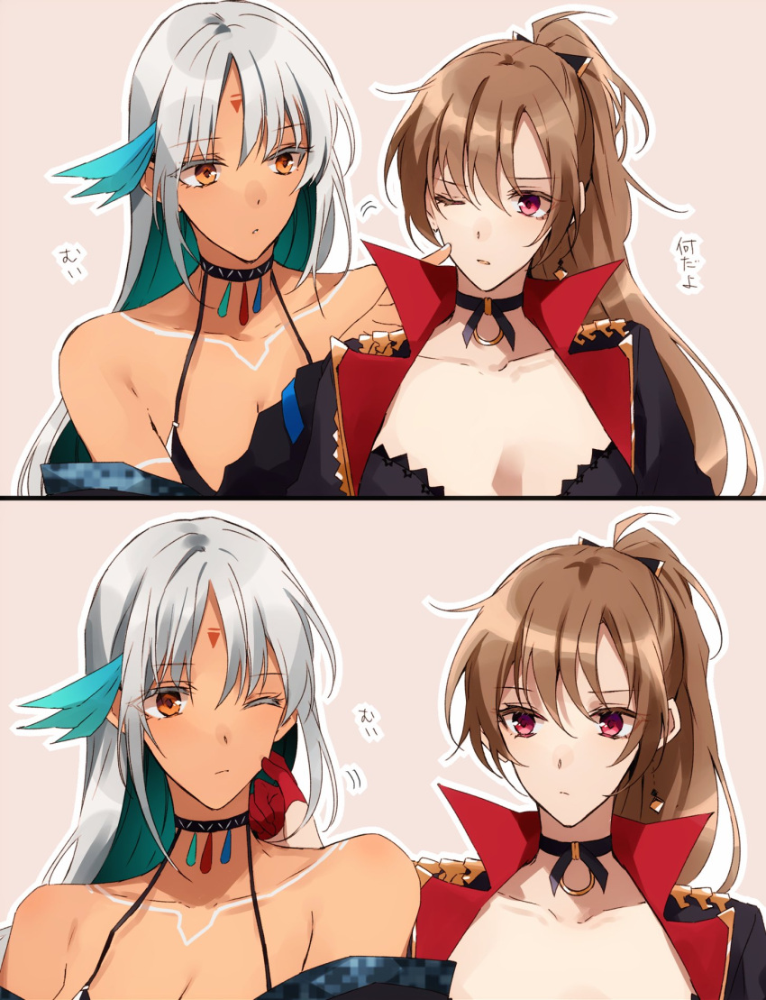 amazuki_jou azur_lane bikini bikini_top bodypaint cheek_pinching cheek_poking choker dark_skin dark-skinned_female earrings facial_mark feathers hair_feathers halterneck high_collar high_ponytail highres jacket jean_bart_(azur_lane) jewelry light_brown_hair massachusetts_(azur_lane) native_american pale_skin pinching poking red_eyes swimsuit white_hair yellow_eyes