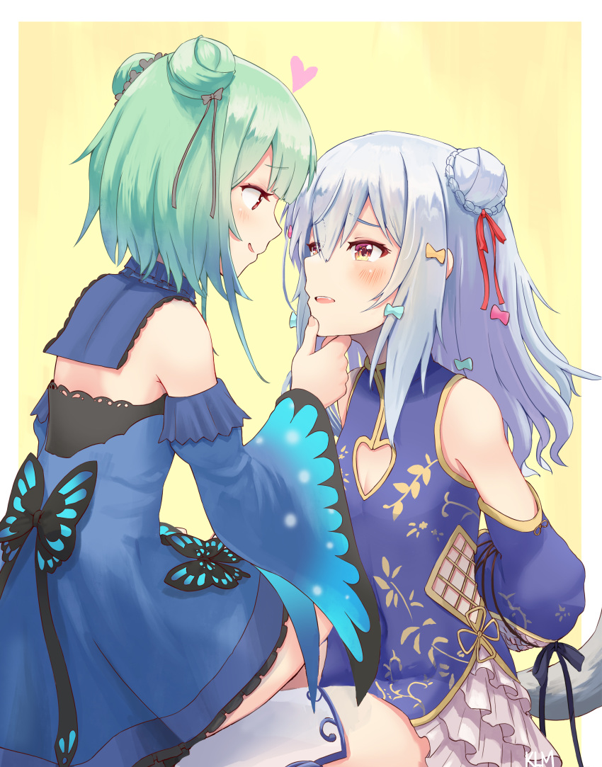 1boy 1girl absurdres arm_up arms_behind_back bangs blue_dress blush bound bound_wrists china_dress chinese_clothes detached_sleeves double_bun dress eye_contact eyebrows_visible_through_hair from_behind green_hair hair_ribbon hand_on_another's_chin heart highres hololive inuyama_tamaki jtleeklm long_hair long_sleeves looking_at_another mixed-language_commentary noripro otoko_no_ko parted_lips pink_skirt red_eyes ribbon short_hair sideways_mouth silver_hair simple_background sitting sitting_on_person skirt strapless strapless_dress symbol_commentary tail upper_teeth uruha_rushia virtual_youtuber wide_sleeves yellow_background