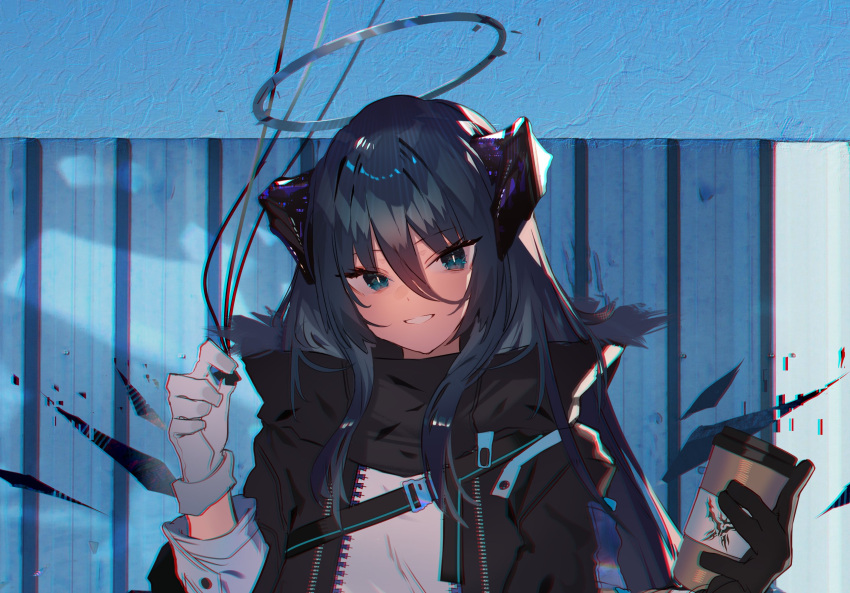 1girl arknights bangs black_gloves black_jacket blue_eyes blue_hair coffee_cup commentary_request cup demon_horns detached_wings disposable_cup eyebrows_visible_through_hair fur-trimmed_jacket fur_trim gloves grin hair_between_eyes halo highres holding holding_cup horns jacket long_hair long_sleeves looking_at_viewer mismatched_gloves mostima_(arknights) shirt smile snap-fit_buckle solo soukou_makura upper_body white_gloves white_shirt wings