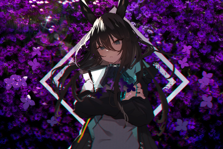1girl amiya_(arknights) animal_ears arknights black_coat blue_eyes blue_neckwear brown_hair clothes_writing coat commentary_request crossed_arms eyebrows_visible_through_hair eyelashes flower hair_between_eyes highres hooded_coat jewelry long_hair looking_at_viewer multiple_rings open_clothes open_coat open_mouth ponytail purple_flower rabbit_ears ring sidelocks solo soukou_makura sweater upper_body white_sweater