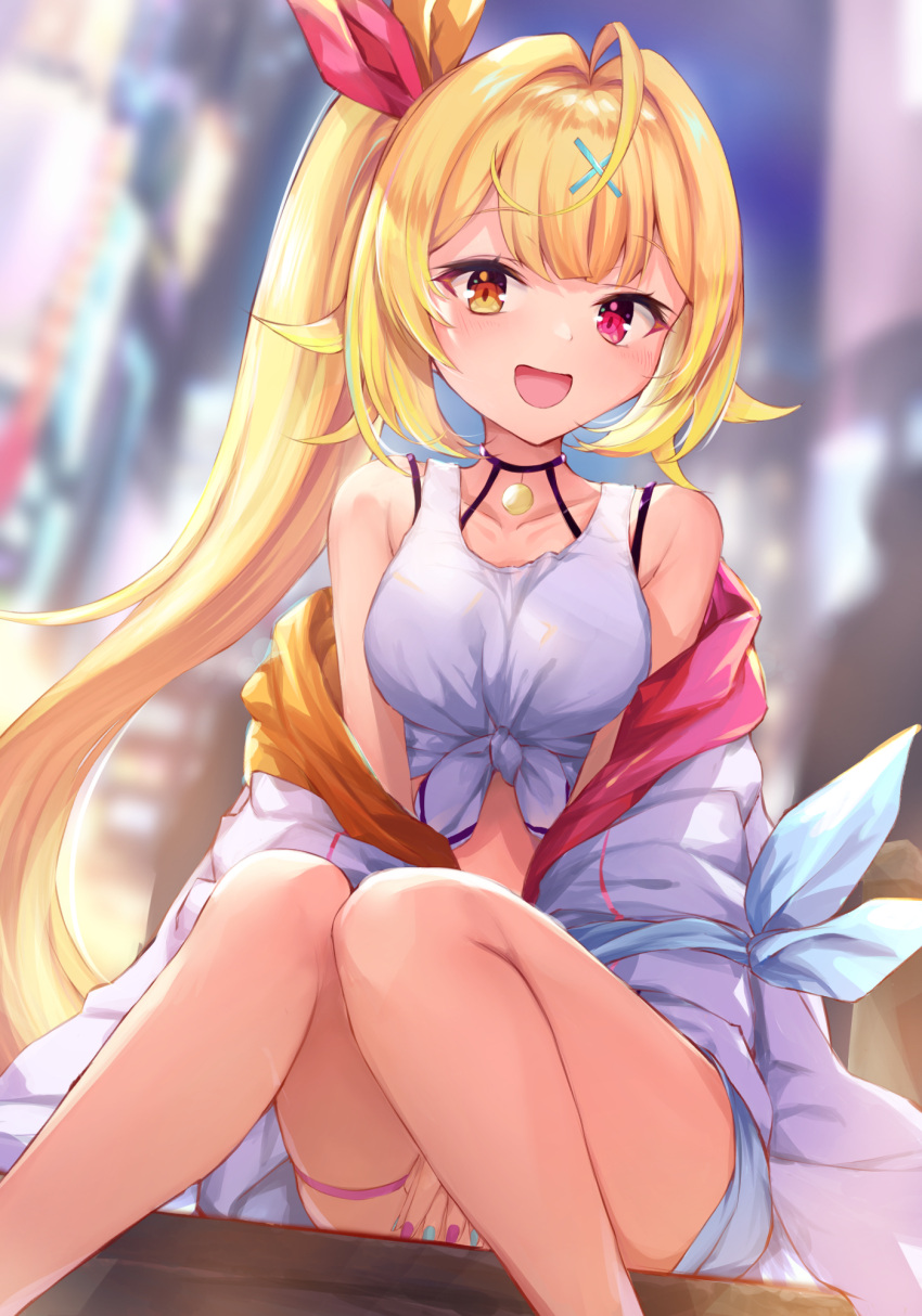 1girl :d ahoge aqua_nails armpit_crease bangs bare_shoulders between_legs blonde_hair blush breasts collarbone crop_top eyebrows_visible_through_hair feet_out_of_frame hair_ornament hair_ribbon hamu6802 hand_between_legs heterochromia highres hoshikawa_sara jacket jewelry long_hair looking_at_viewer medium_breasts multicolored multicolored_nails necklace nijisanji off_shoulder open_clothes open_jacket open_mouth parted_bangs purple_nails red_eyes ribbon shirt side_ponytail silhouette sitting sleeve_bow smile solo stomach thigh_strap very_long_hair virtual_youtuber x_hair_ornament yellow_eyes